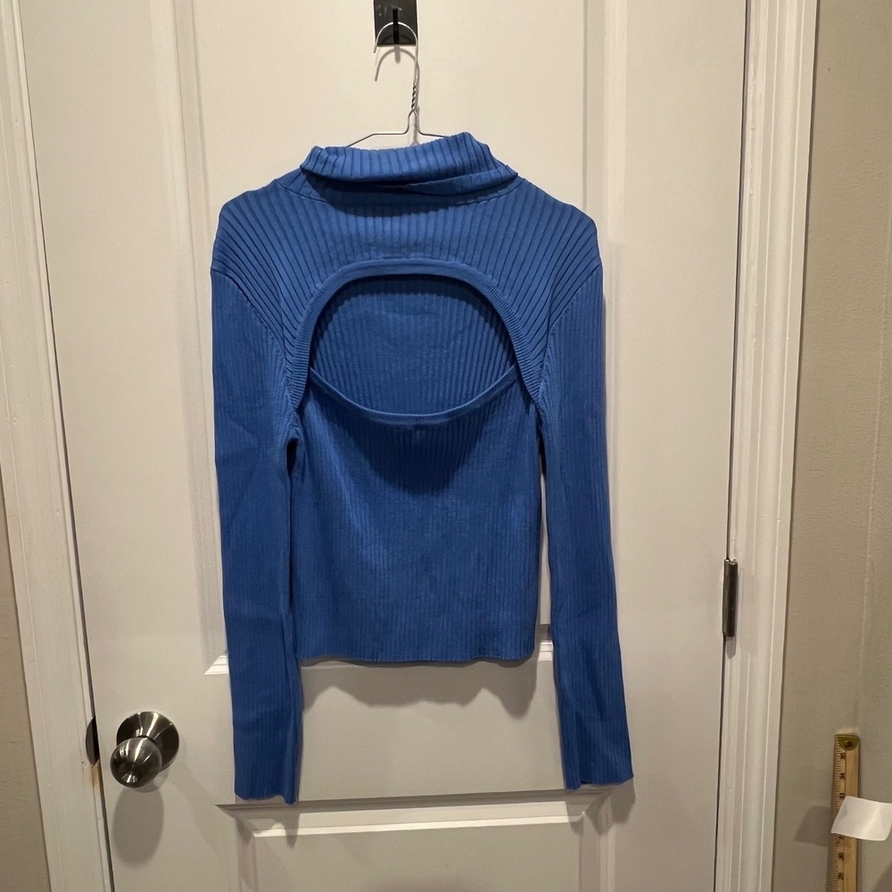 Pink Lily Womens Sweater Open Back Cutout Ribbed Knit Blue Size L